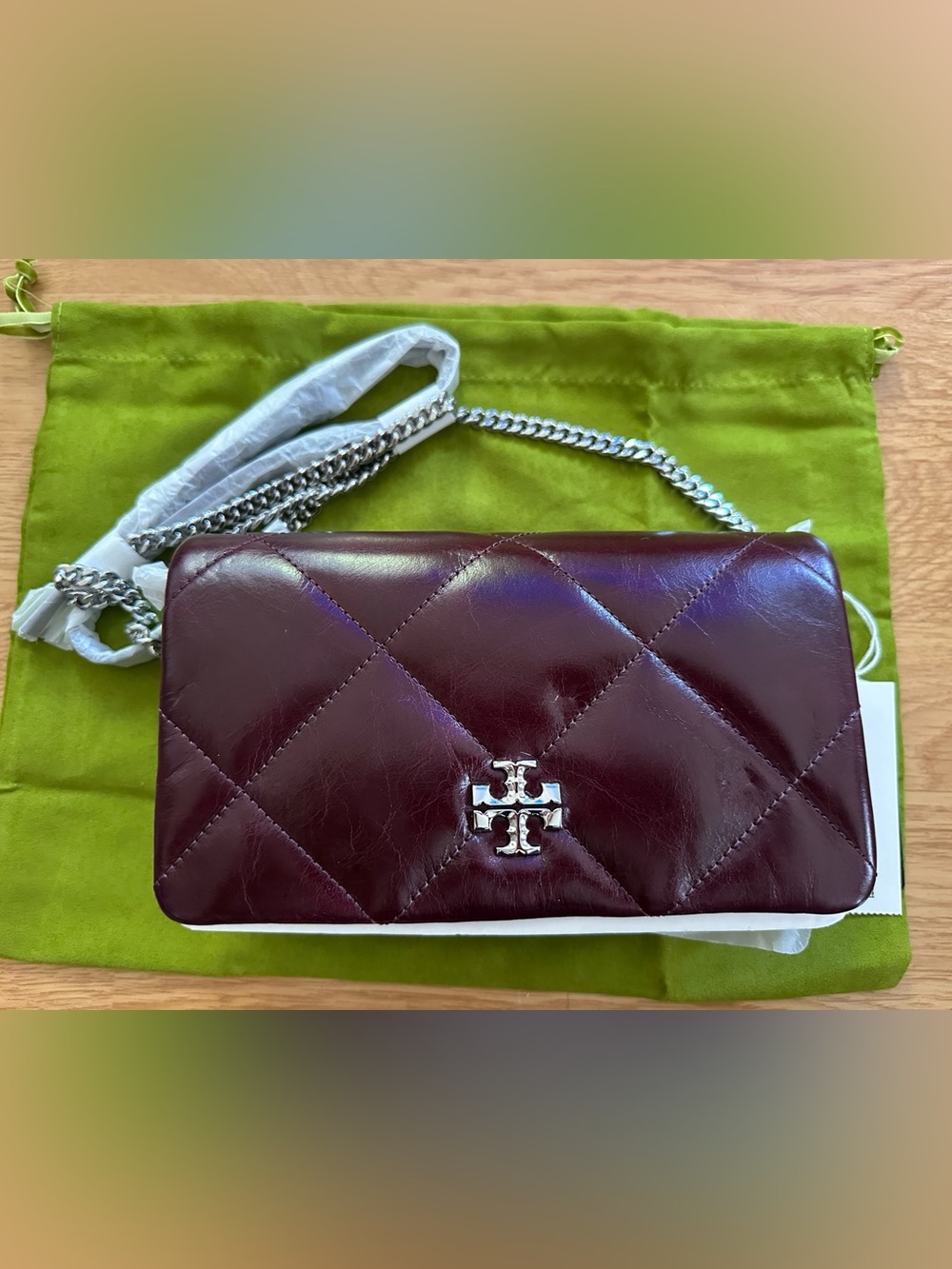 Brand New Tory Burch Kira Diamond Quilt Chain Wallet - Burgundy